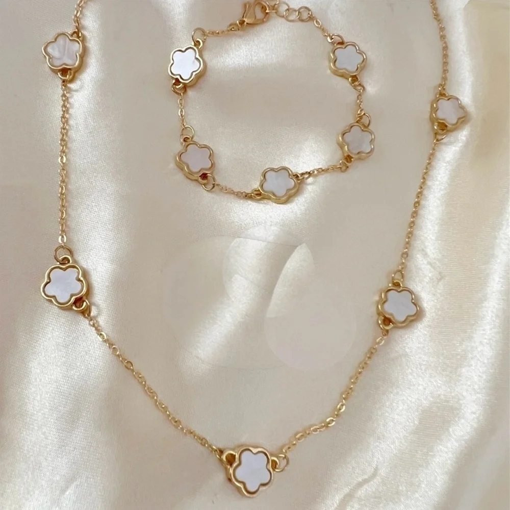 18K Gold Plated Mother Of Pearl clover Necklace SET stainless steel jewelry